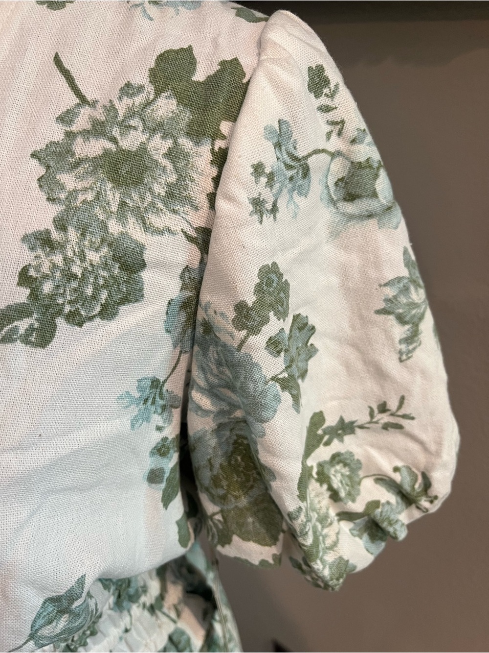 Doen Style V-Neck Green & White Floral Linen Blend Midi Dress Cottagecore - Picture 2 of 8